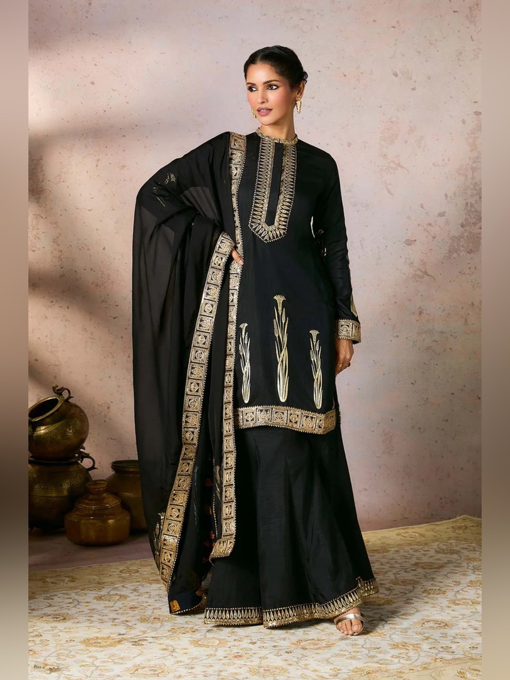 Masaba Elegant Black & Gold Embroidered Women's Sharara Set NWOT